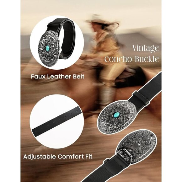 Woman\'s Black Western Leather Belts Cowgirl Concho Belt With Turquoise Buckle